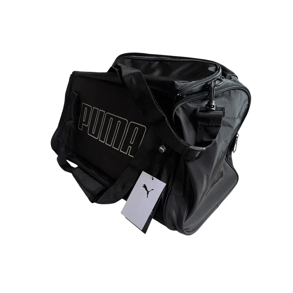 PUMA Duffel Bag Black Silver Logo Adjustable Strap Unisex OS NWT Gym Workout New